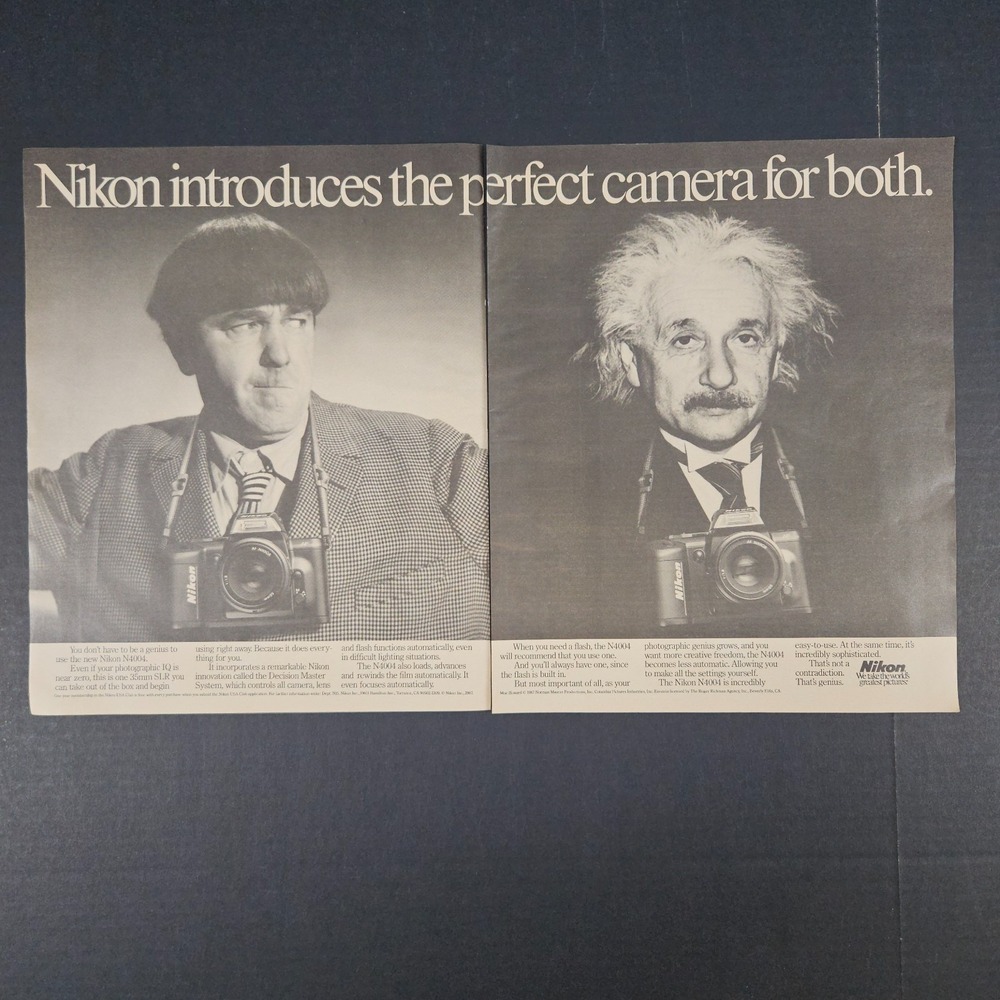 1987 Nikon Cameras N4004 Vintage Print Ad Moe Howard Albert Einstein Photography